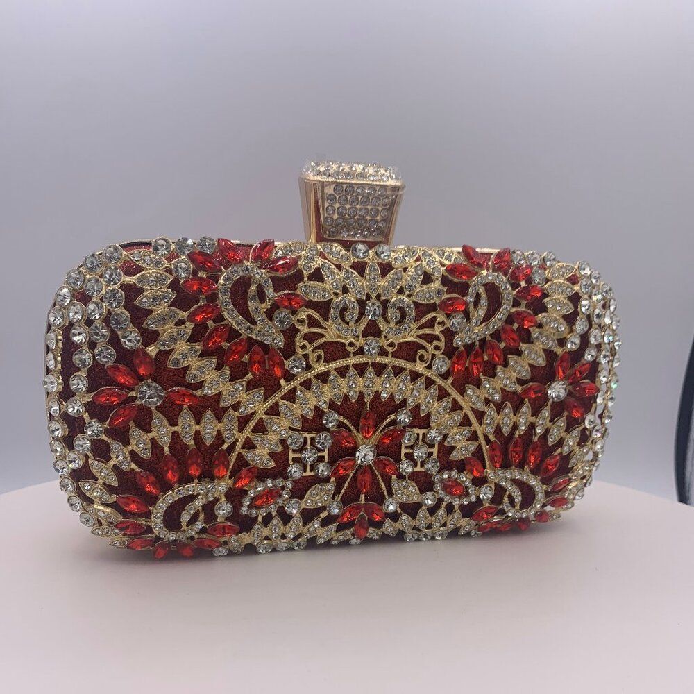 Purse, clutch, shoulder chain, red fabric, gold metal, red and clear gems, NWOT,